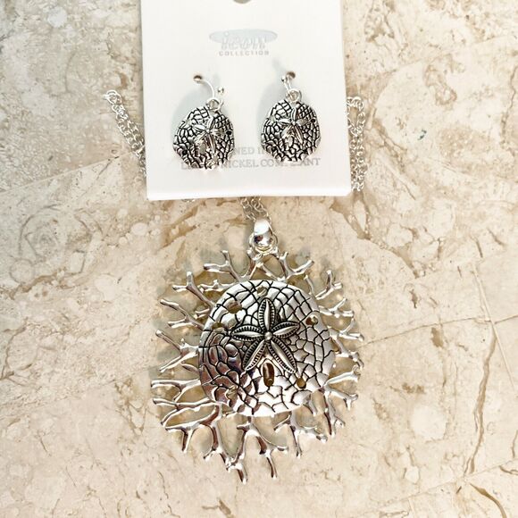 Sand Dollar Coral Jewelry Sea Life Earrings Necklace SET Silver Ocean Beach NEW - Picture 4 of 6